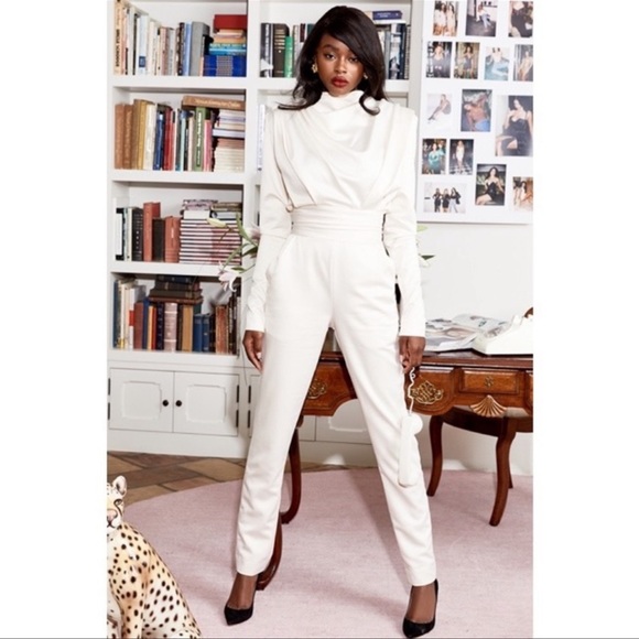 House of CB Gabrielle Ivory Draped Ruched Satin Jumpsuit - Picture 5 of 12